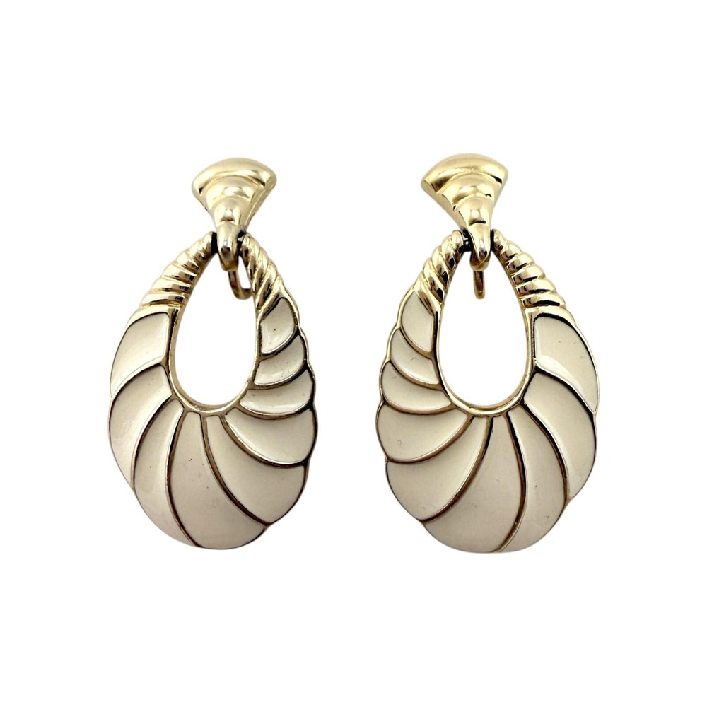 Trifari Clip On Earrings Door Knocker Gold Cream Vintage Enamel Shell Drop EC
